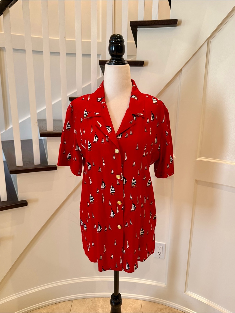 Liz Claiborne Red Sailboat Pattern Button Down Shirt
